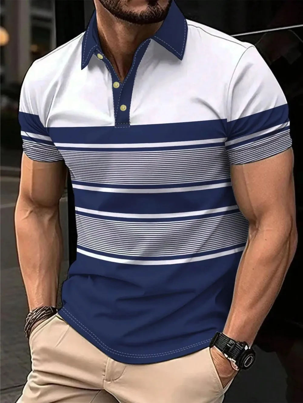 Nueva moda de verano para hombres europeos y americanos, polo cómodo y transpirable con estampado a rayas, top informal para exteriores