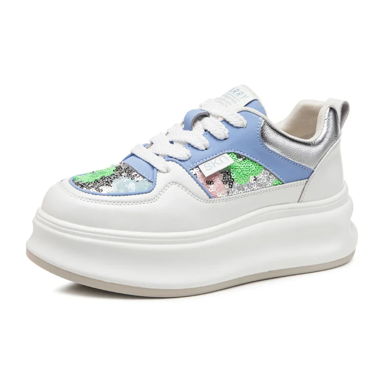 

6CM Air Mesh Genuine Leather Summer Bling Mixed Color Fsahion Ankle Boots Hollow Chunky Sneaker Vulcanize Women Shoes