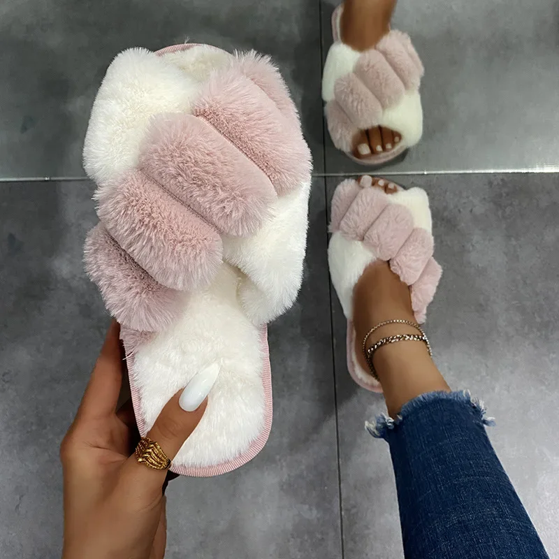 2022 New Women Slippers Winter House Furry Slippers Fluffy Faux Fur Indoor Home Cotton Slippers Floor Shoes Ladies Flip Flops