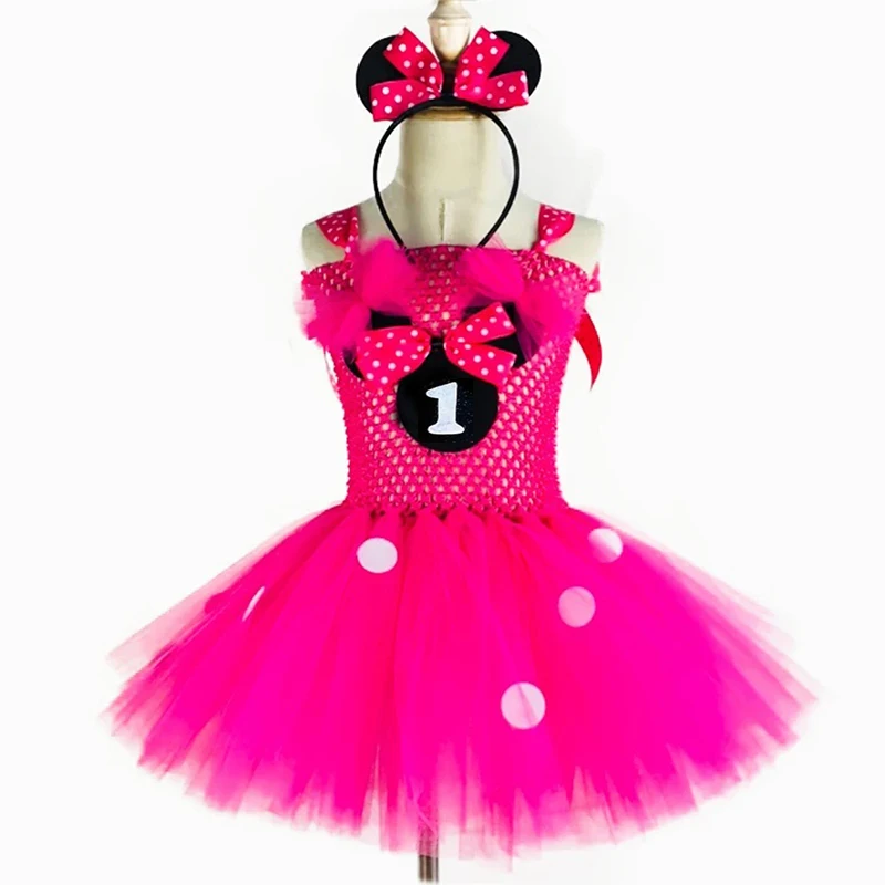 Bonito meninas rosa mickey tutu vestido bebê crochê tule vestido com pontos brancos e arco de cabelo crianças festa aniversário dos desenhos animados cosplay vestido