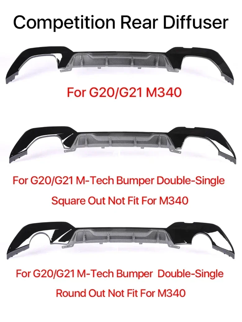 For BMW 3 Series G20 G21 2019-2023 MP Carbon Rear Bumper Diffuser Competition Gloss Black M Tech Diffusor Body Kit 340i 325i