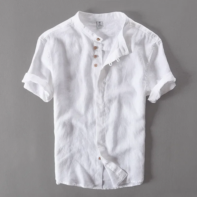 Summer Short Sleeve Shirts for Men Pure Linen Slim Thin Style Casual Solid White Tops Plus Size M-4XL Male Vintage Clothing