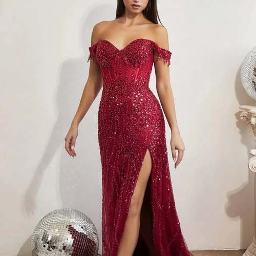 Imagen 2 del producto Contessa Dubai lentejuelas fuera del hombro lado alto Split vestidos de baile sirena personalizado فسات Бmaveraات corte tren vestido de noche 2025