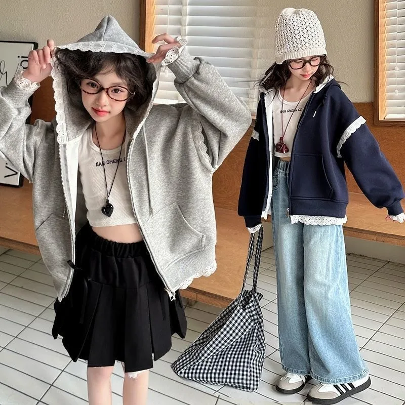 UNITIM Autumn Teens Girls Outerwear Coats 2026 Children Girls Versatile Lace Hooded Jackets 4-14Yrs Junior Girls Sports Coats