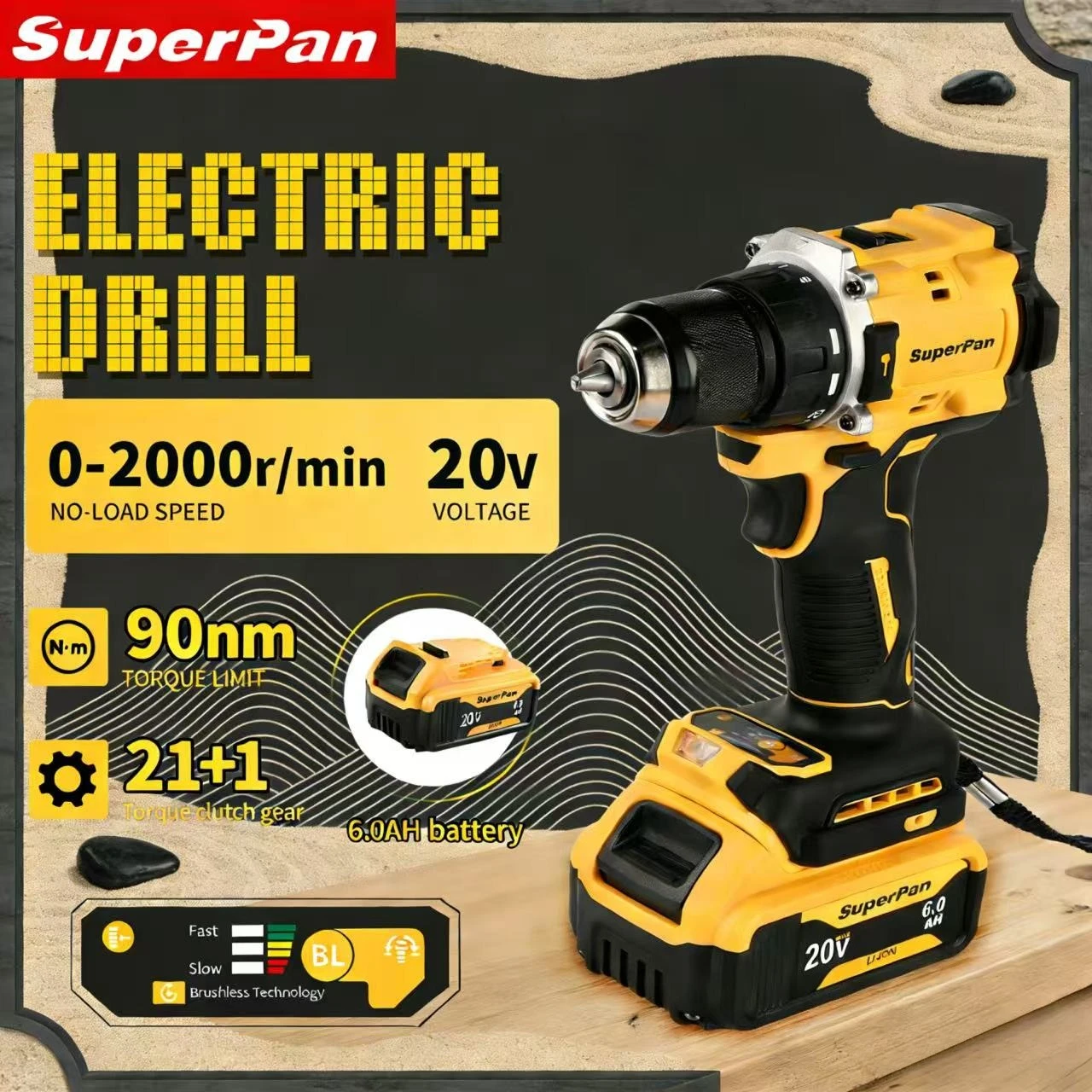 

Бесщеточная ударная дрель SuperPan SP805 20В, крутящий момент 90Нм, долгий срок службы, низкий уровень шума, патрон 1.5~13мм, совместима с аккумулятором DeWalt 20В.