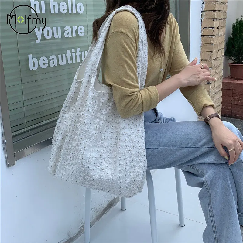 Floral Women Shoulder Bags Large Capacity Lace Ladies Casual Travel Shopping Tote Bag Vintage Thin Cotton Female Handbags Bolsa