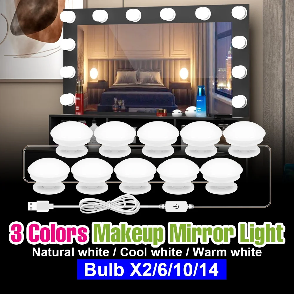 LED Makeup Mirror Light Bulb Dressing Table Lamp USB DC5V 3Colors Dimmable For Bedroom Bathroom Mirrors Decoration Fill Lights