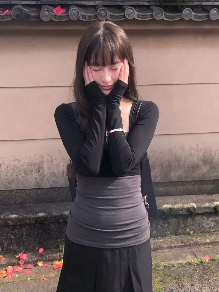Y2k Clothing Fake Two-piece T-shirt 2000s Long Sleeves Top Vintage Harajuku Patchwork Tshirt Women Sexy Hot Girl American Retro