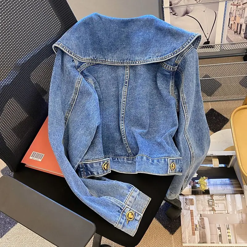 Fashion Doll Collar Denim Short Coat Women Spring 2024 New Vintage Long Sleeve Jeans Jacket Female Loose Cowboy Outerwear T225