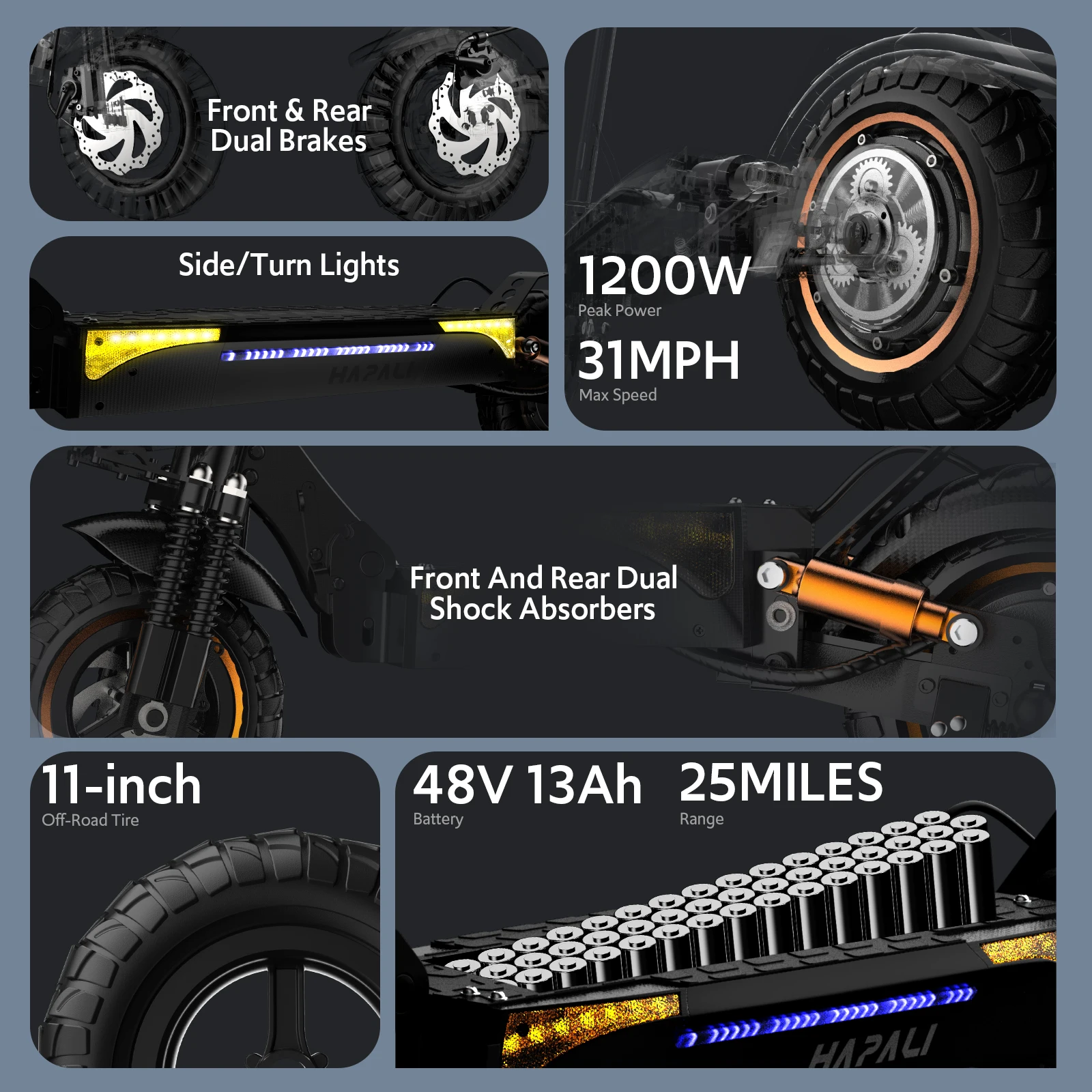 Electric Scooter Adults, 1200W Motor, E-Scooters Up to 25 Miles Range,11" Off-Road/All Terrain Tire Scooter with Dual Suspension &Side Light view 3