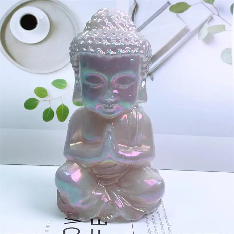 Natural Aura Rose Quartz Buddha Statue Healing Crystal Fengshui Fashion Buddhism Home Decoration Gift 1pcs