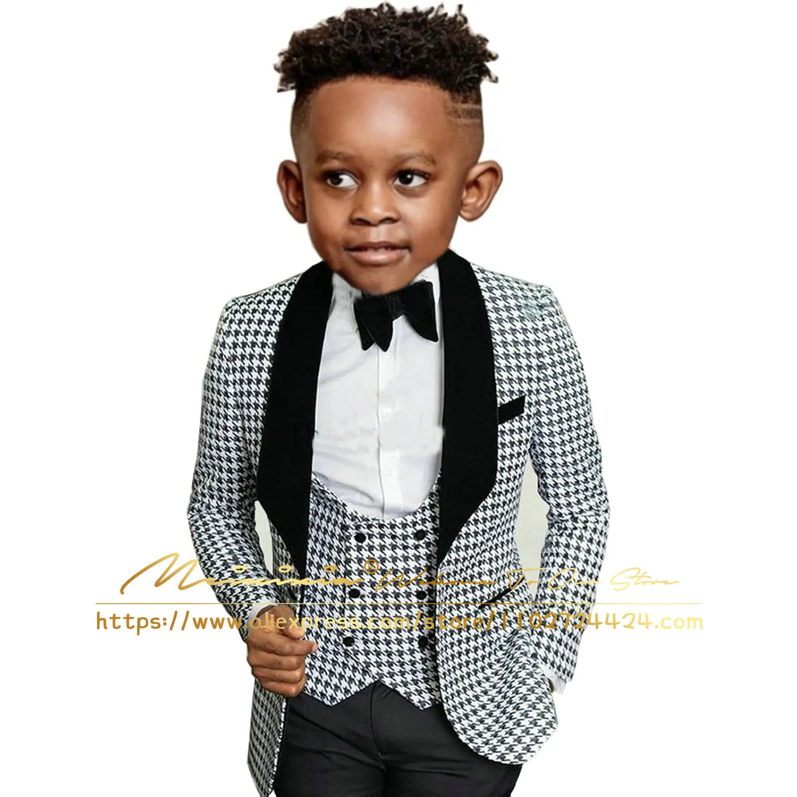 Houndstooth Suit for Boy Wedding Tuxedo Jacket Pants Vest 3-Piece Set Fashion Shawl Collar Blazer Kids Party Clothes