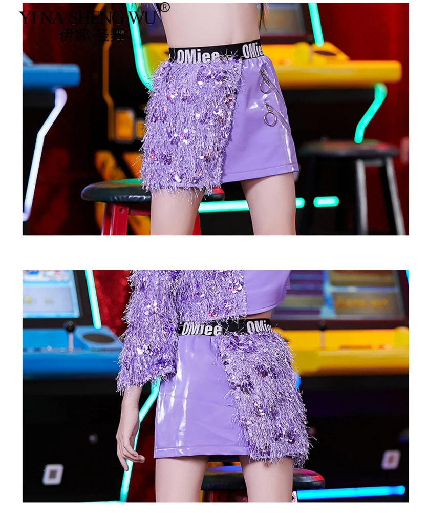 Kids Girls Purple Sequins Jazz Street Dance Costume Hip Hop Outfit Catwalk Trendy Clothing Stage Performance Wear for Dancewear