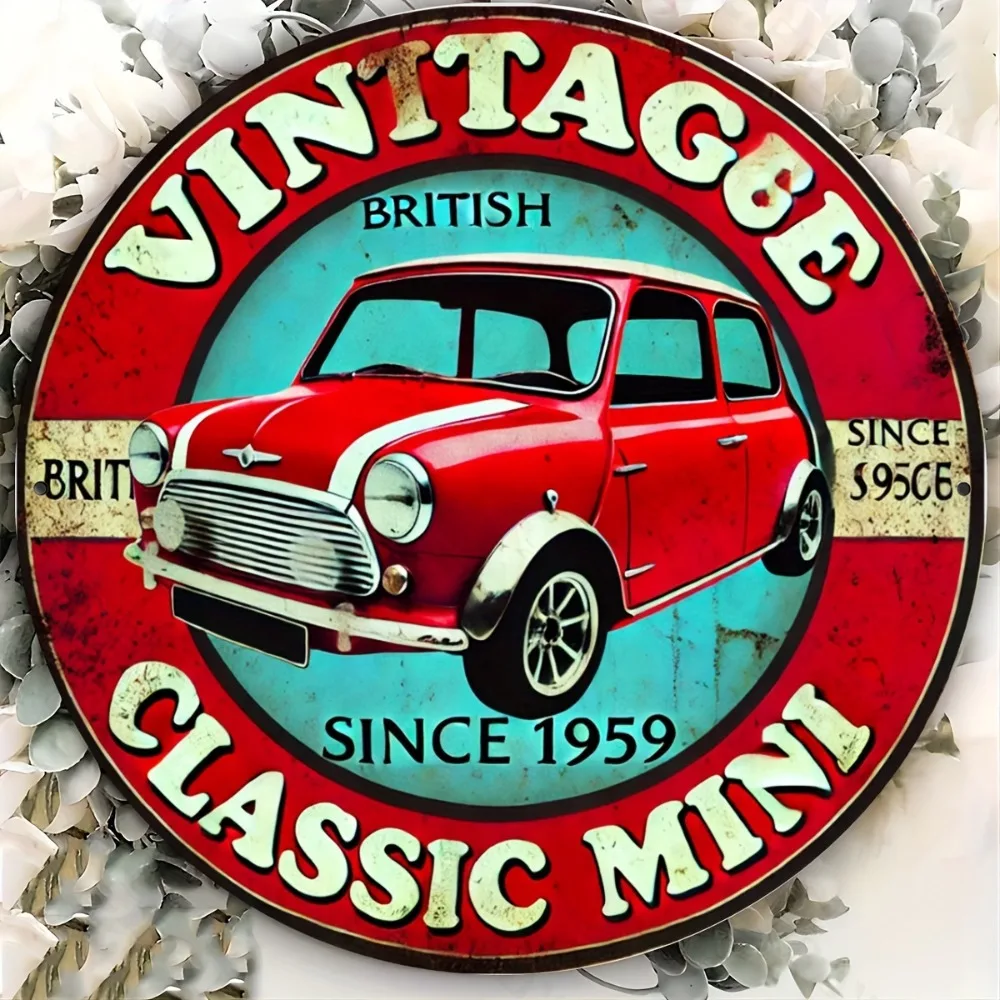 Vintage British Classic Mini Cooper Metal Tin Sign - 8x8 Inch Rust-Resistant Aluminum Wall Art for Home Garage Bar Cafe Decor