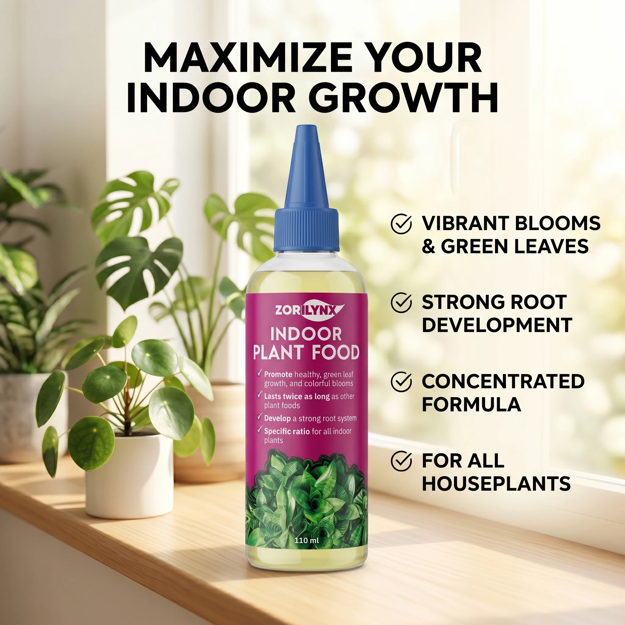 ZORILYNX Fertilizante Líquido para Plantas de Interior 110ml Promueve Flores Vibrantes, Raíces Fuertes y Crecimiento Rápido para Todas las Plantas de Interior en Maceta