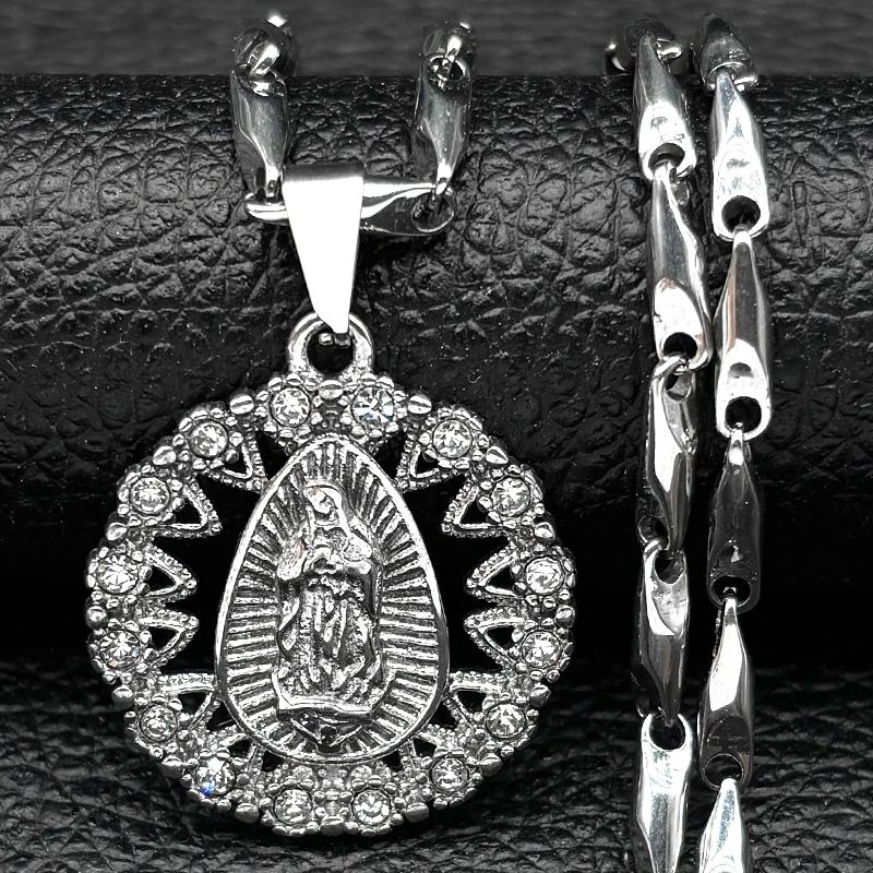 

Virgin Mary Rhinestones Pendant Necklace for Women Men Stainless Steel Catholic Gold Silver Color Guadalupe Amulet Jewelry