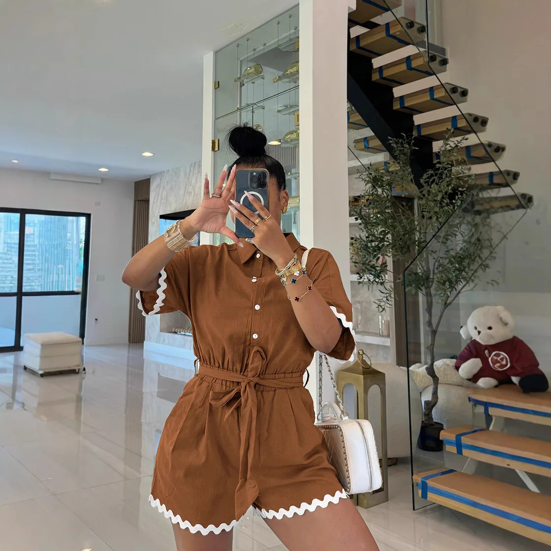 2025, Sommermode, Damen-Overall, lässig, Spitze, Baumwolle und Leinen, Revers, Krawatte, Taille, Cinching-Overall, Shorts