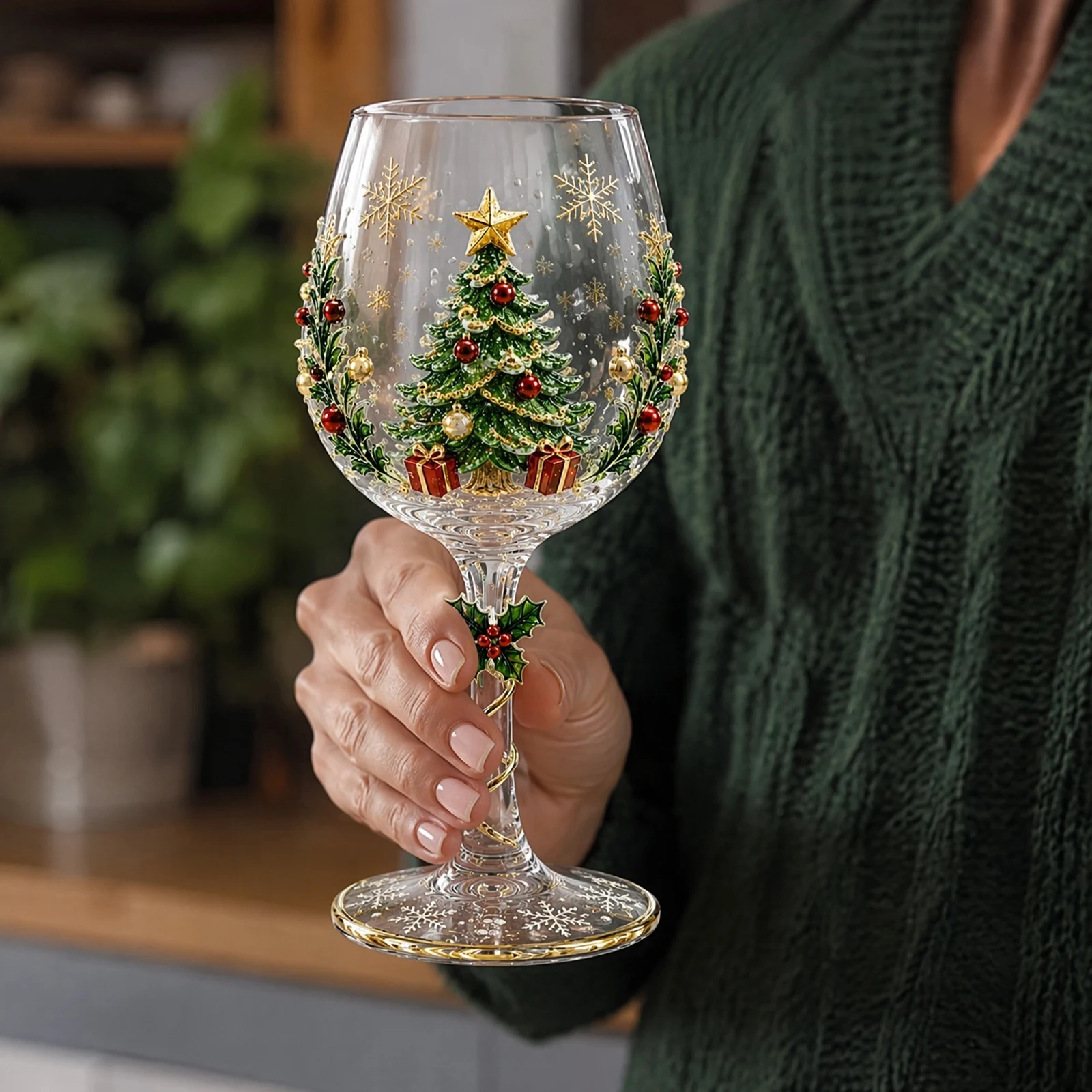 Christmas Glass Art Tall Cup,Luxury Festival Glassware Unique Winter Snowflake Round Santa Snowman Tree Decorative Bottle