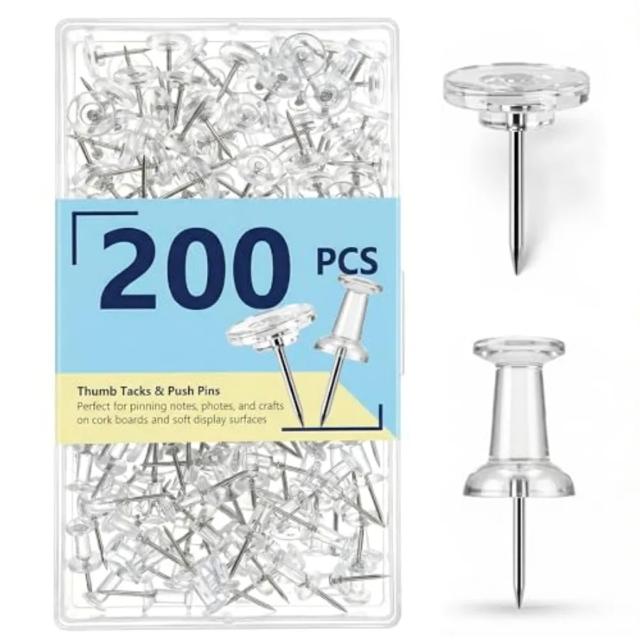200 Pack Clear Push Pins and Thumb Tacks Combo - Flat Head Transparent Pushpins for Bulletin Board - Heavy Duty Steel Point and