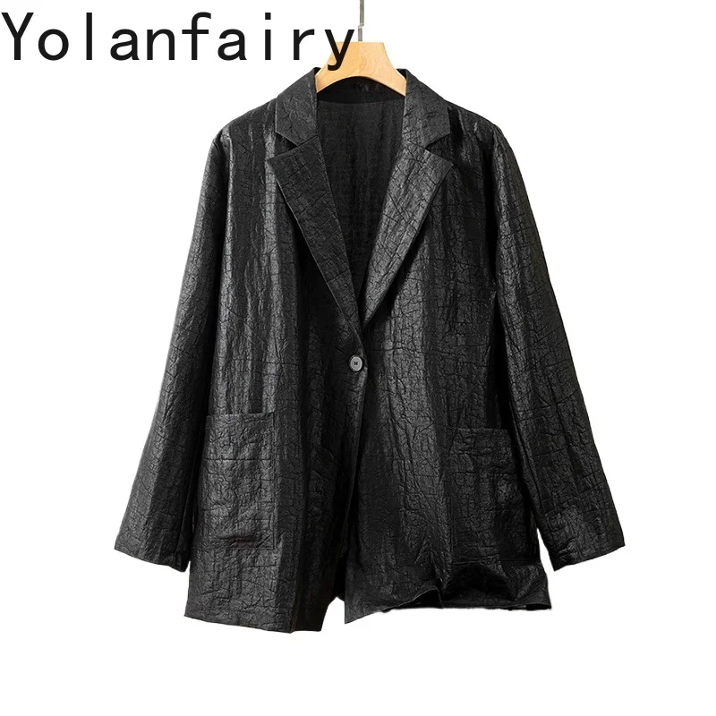 

YOLANFAIRY High-end Real Gauze Silk Blazer Jacket Women Turtle-patterned 100% Mulberry Silk Suit Coat Loose Casacos Femininos