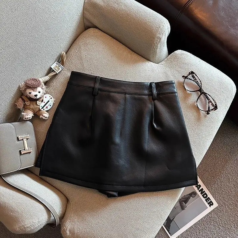กระโปรงหนัง PU วินเทจทรงเอ สั้น เอวสูง แฟชั่นผู้หญิง สำหรับฤดูใบไม้ร่วงและฤดูหนาว ทรงเข้ารูป สไตล์สตรีทแวร์ รุ่นใหม่