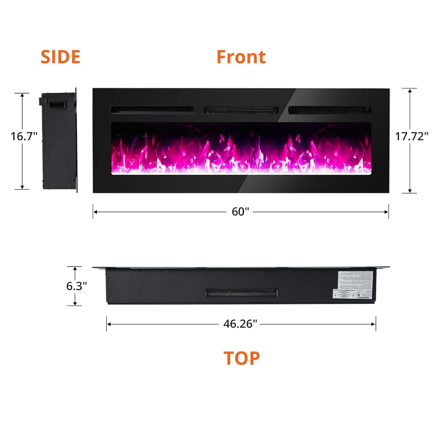 60-Inch Electric Fireplace-Wall-Mounted & Recessed Installation,12 Adjustable Flame Colors,Energy-Efficient Heating (750W/1500W)