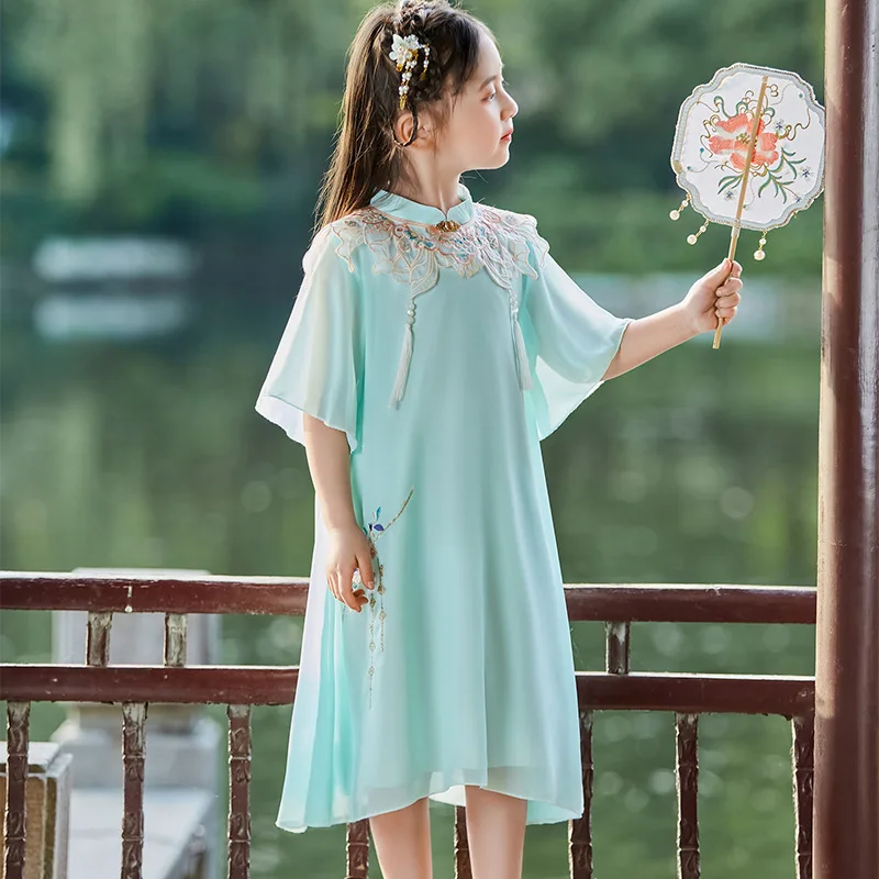 Girls Hanfu Children Traditional Chinese Style Tang Suit Ancient Dress Girl Clothes 2023 New Short Sleeve Hanfu Cheongsam