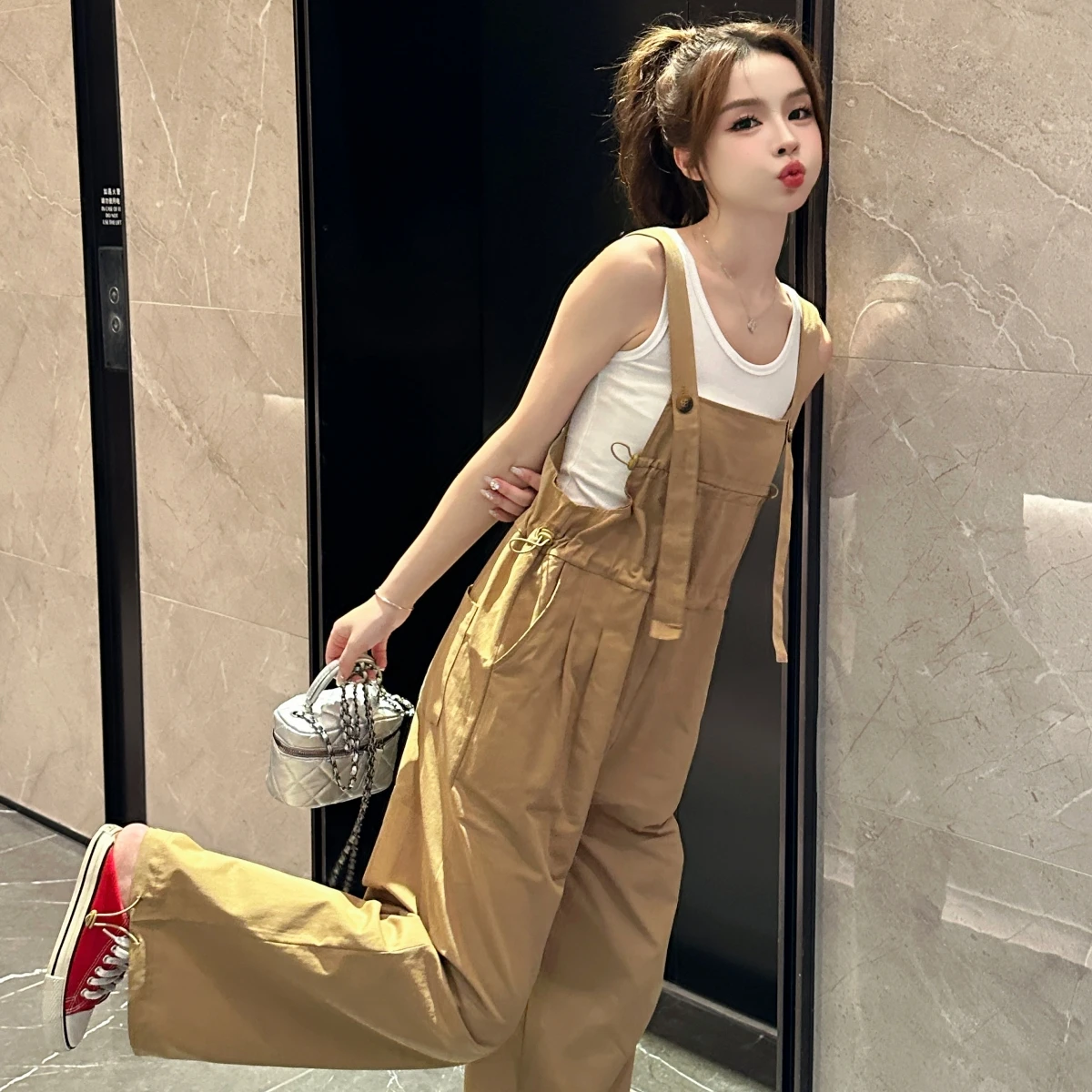 Korean Version Women Khaki High Waist Loose Fashion Wide Leg Jumpsuit Spring Summer Casual Elegant Drawstring Pleated Dungarees