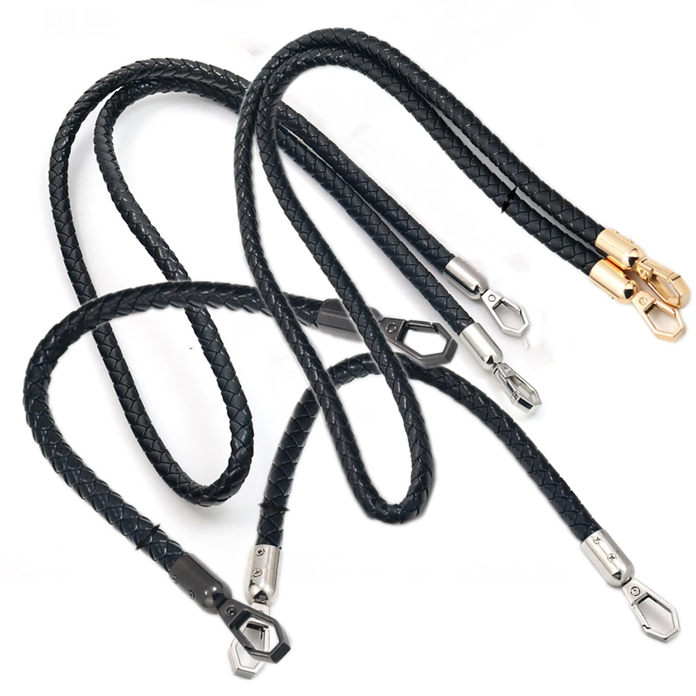 

40-60cm Black PU Leather Braided Rope Handle With Alloy Metal Hook Buckle Replaceable Shoulder Bag Strap Lanyard Bag Accessory