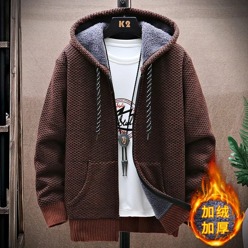 

2024 Autumn and Winter Men's Cardigan Hooded Sweater Warm Fashion Velvet Padded Casual Knitted Sweater