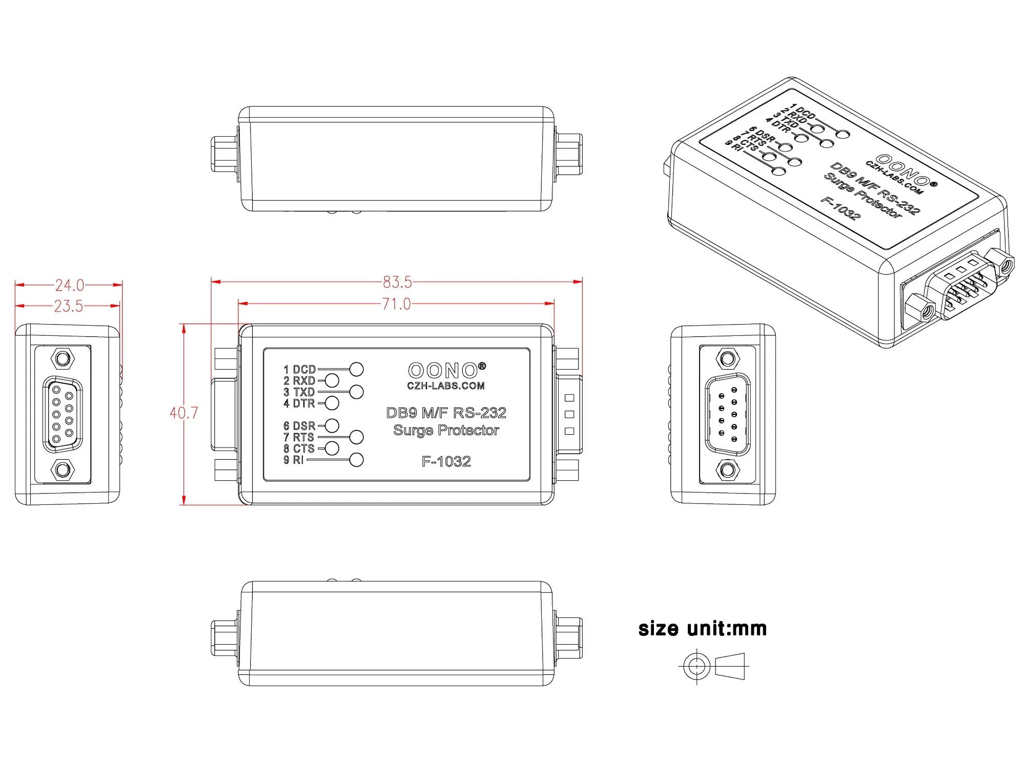 RS232 DB9M/F Surge Protector with Signal LED Monitor.