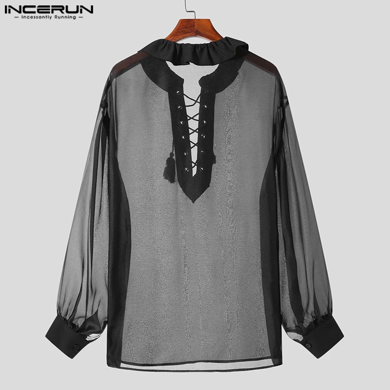 INCERUN Tops 2023 American Style New Men\'s Ruffled Tie Loose Shirts Casual Sexy Male Thin Perspective Long Sleeved Blouse S-5XL