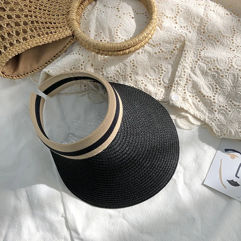 Women Summer Hat Outdoor Sun Protective Ponytail Straw Hat Face Transparent Visor Cap Handmade Natural Raffia Spring Sun Visor