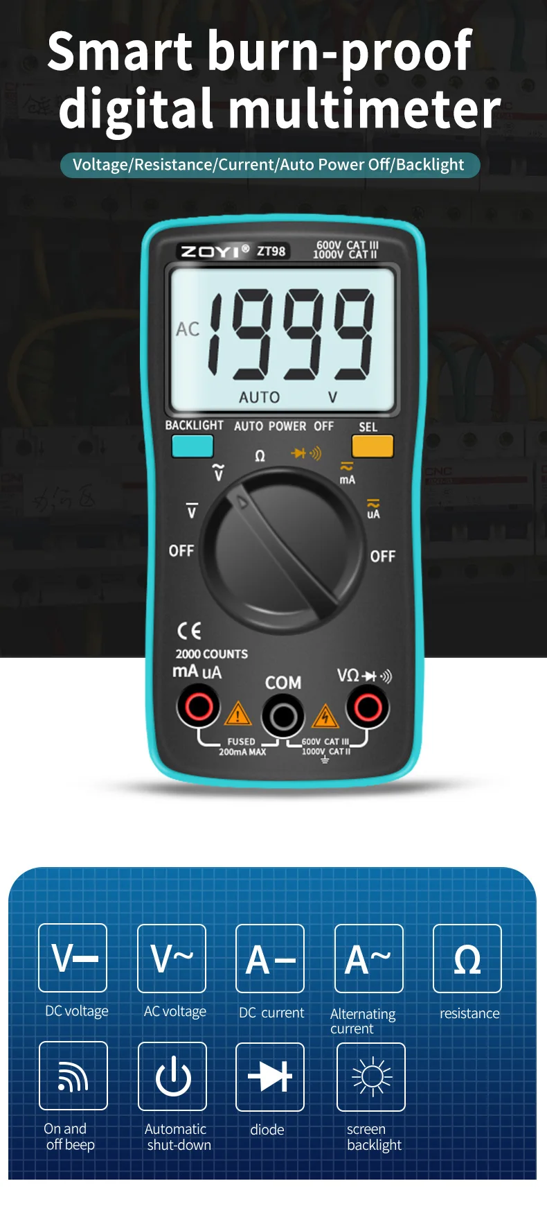 ZOYI Digitales Multimeter Amperemeter Voltmeter Widerstandsmessgerät Frequenzmesser mit Hintergrundbeleuchtung Spannungsmesser Diodentester ZT98 ZT100 ZT101 ZT102 – Detail 8