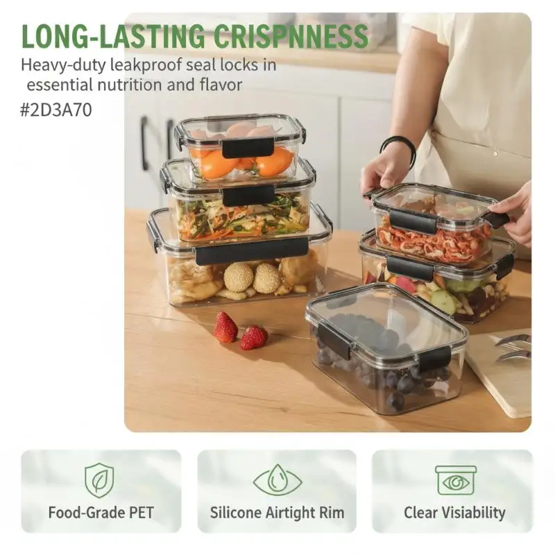Clear PET Crisper Box Leak-Proof Food Storage Container With Snap Locks & Silicone Seal For Fridge, Fruit, Bento & Meal Prep