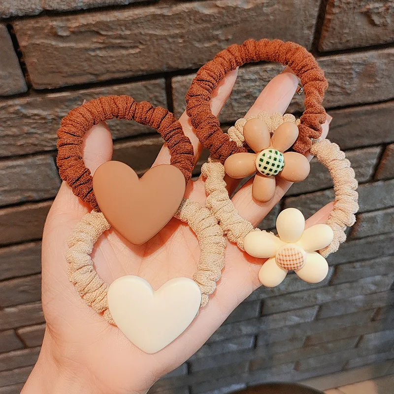 Kawaii Rubber Elastic Hair Bands Tie Bobbles Headwear Coffee Color Simple Floral Heart Rope Headband for Girls Kids Accessories