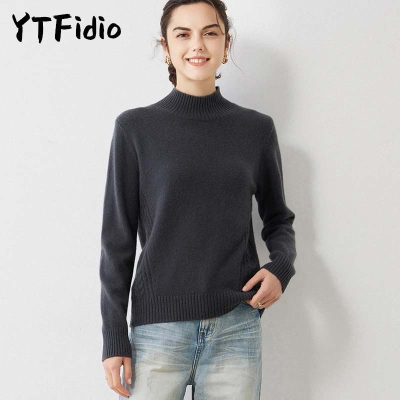 YTFine-pulôver feminino de gola alta frita de massa frita lateral, torção meio gola alta, meninas macias quentes 17, 100% caxemira