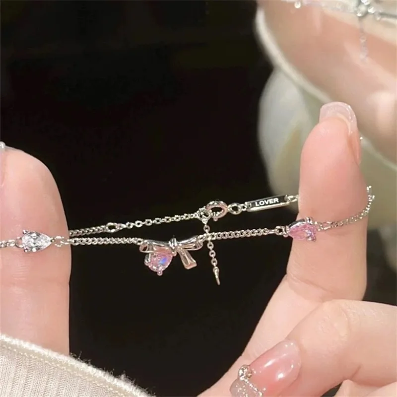 Pulsera de plata de ley 925 para mujer, brazalete de circonita con lazo de diamante, joyería de lujo, regalo de cumpleaños