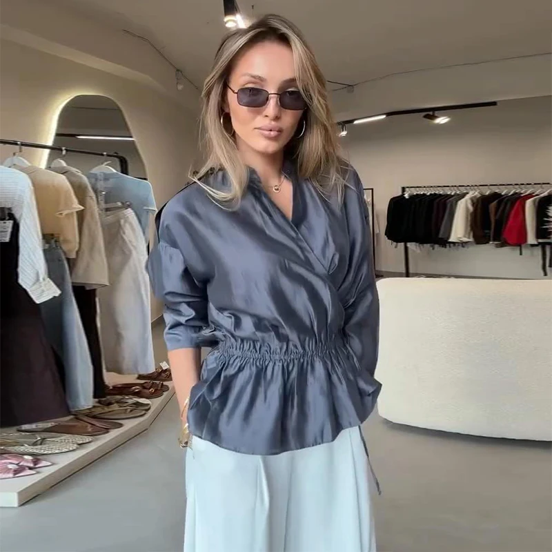 Damen Oversize-Bluse Langarm mit seitlicher Knopfleiste und Kordelzug in der Taille, plissiertes Hemd, modische Büro- und Party-Oberteile, einfarbig, locker geschnitten – Detail 9