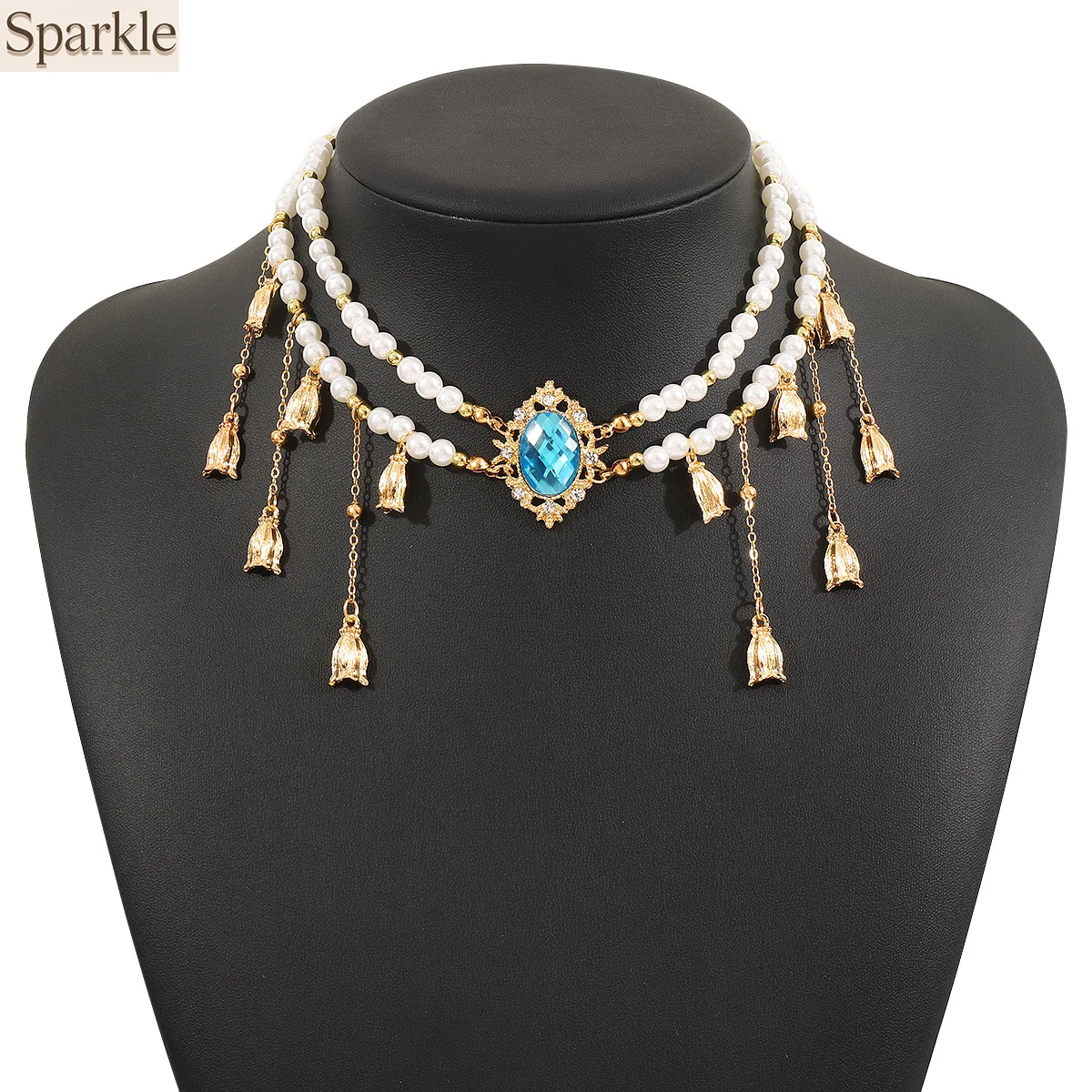 

New Blue Crystal Pearls Tassel Choker Necklace Adjustable Fashion Accessory Collar Necklace Charm Necklace Jewelry Accessories