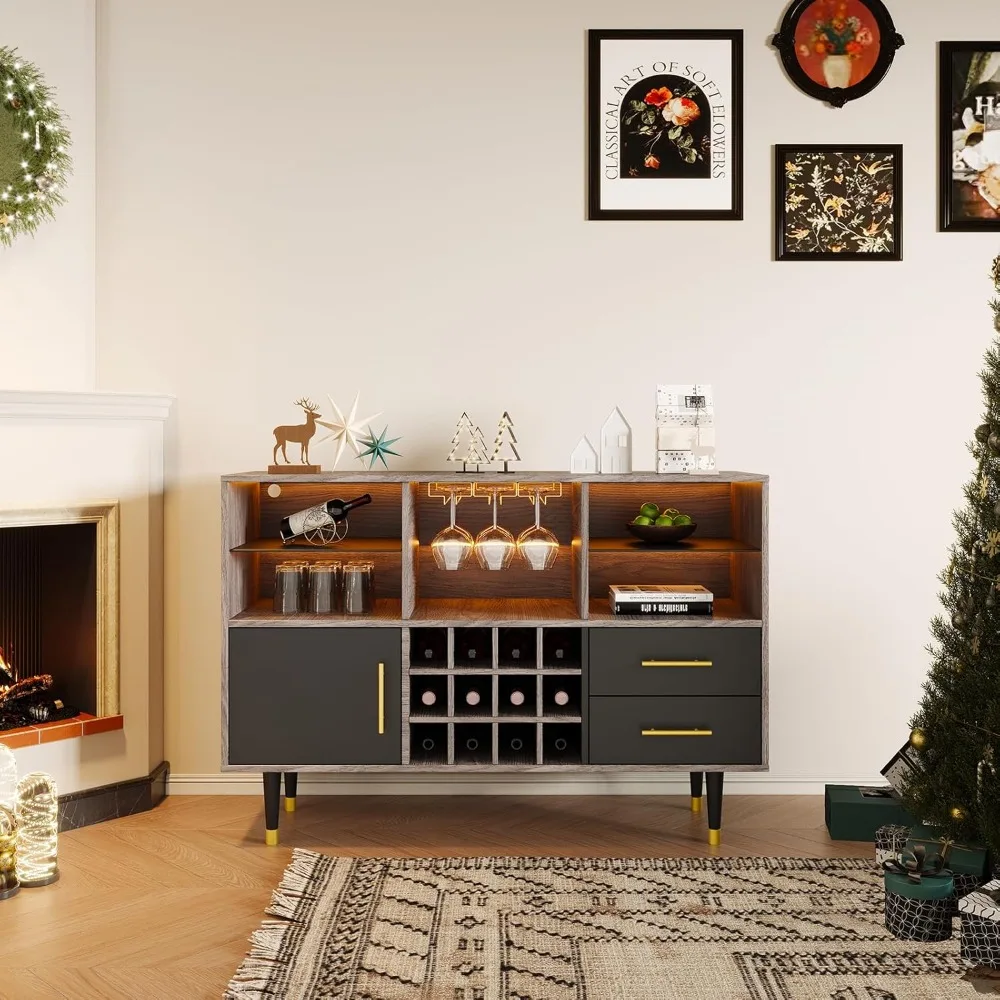 

Bar Cabinet, 47" Walnut, Modern Wine Cabinet with LED Light Charging Station, Buffet Table, Coffee Bar