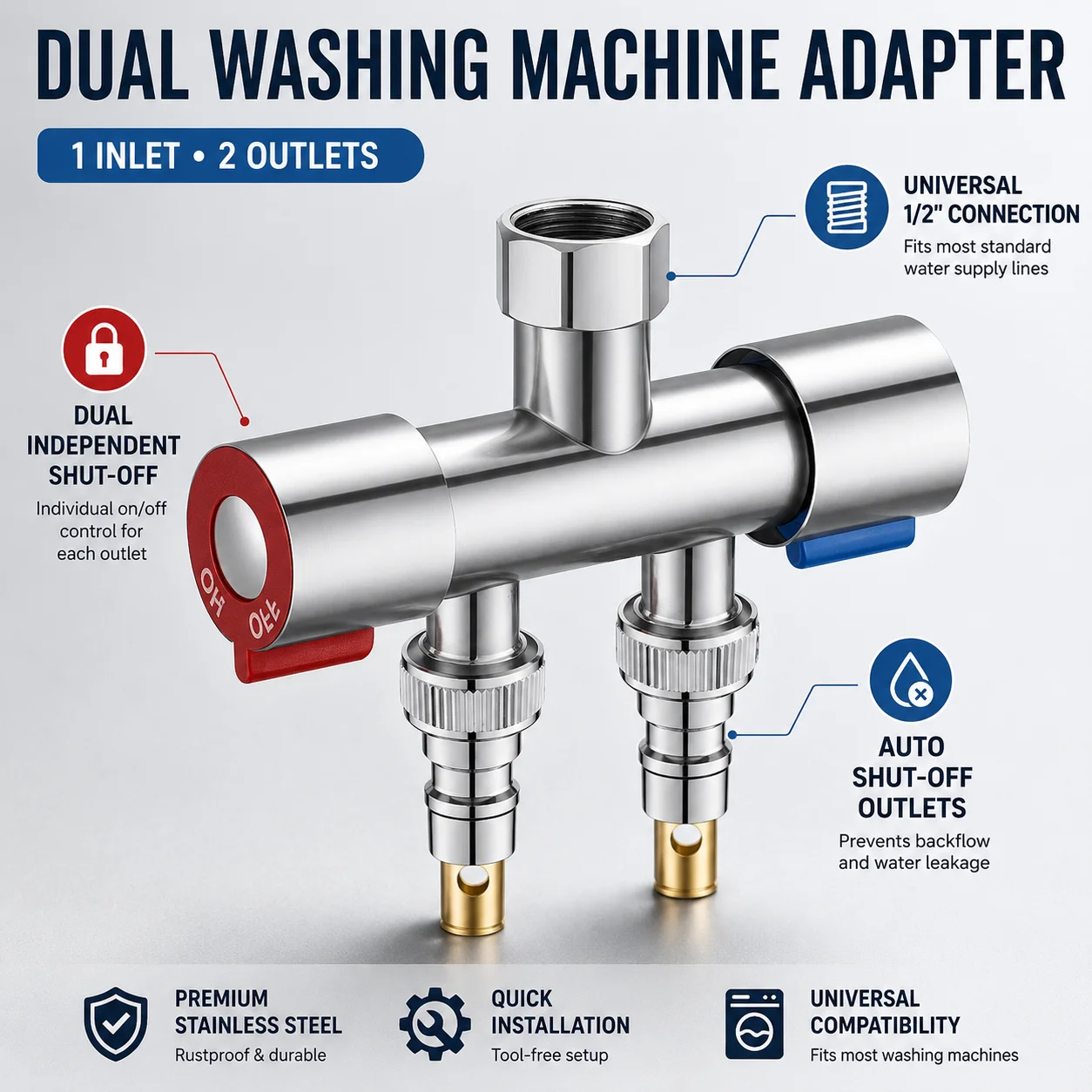 

Stainless Steel Washing Machine Adapter 1 Inlet 2 Outlet 1/2 Three Way Faucet Splitter Auto Shut-Off Water Diverter For Home