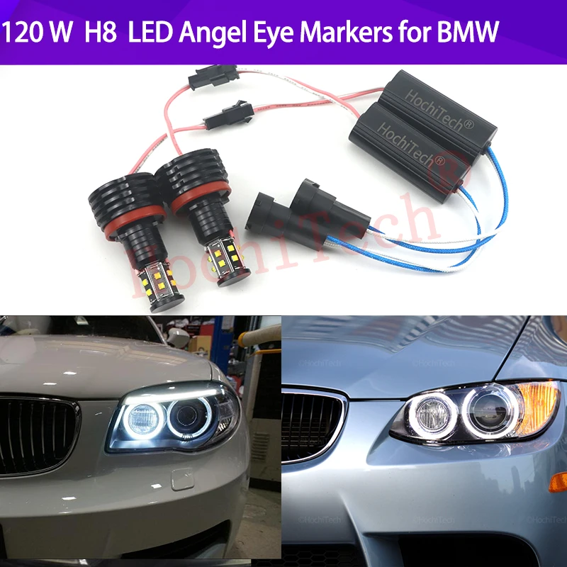 for BMW X5 E70 X6 E71 E90 E91 E92 M3 E89 E82 E87 Head Lamp 120W 12V 2pcs H8 LED Angel Eyes Headlight Led Marker Lights Canbus