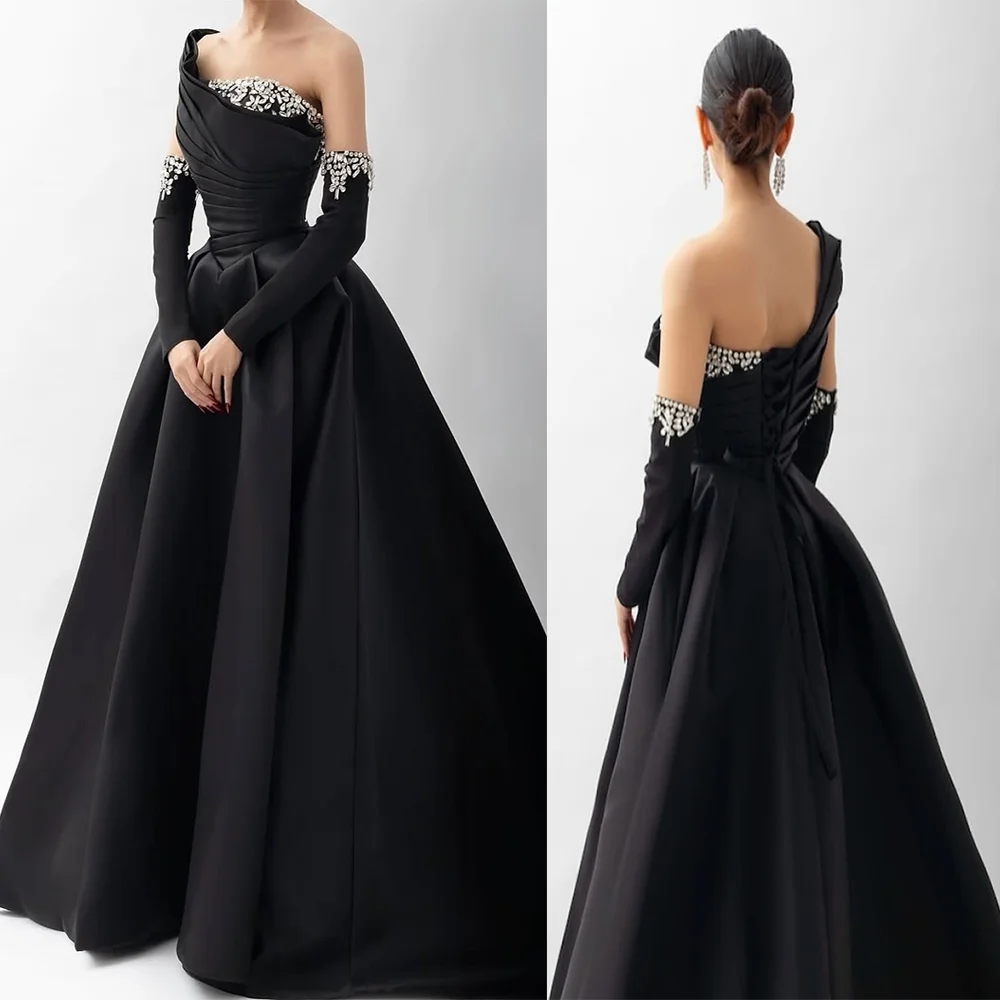 

Detachable 3/4 Sleeve One Shoulder Satin Evening Gown A-line Backless Pleated Court Prom Dress with Crystal Customized