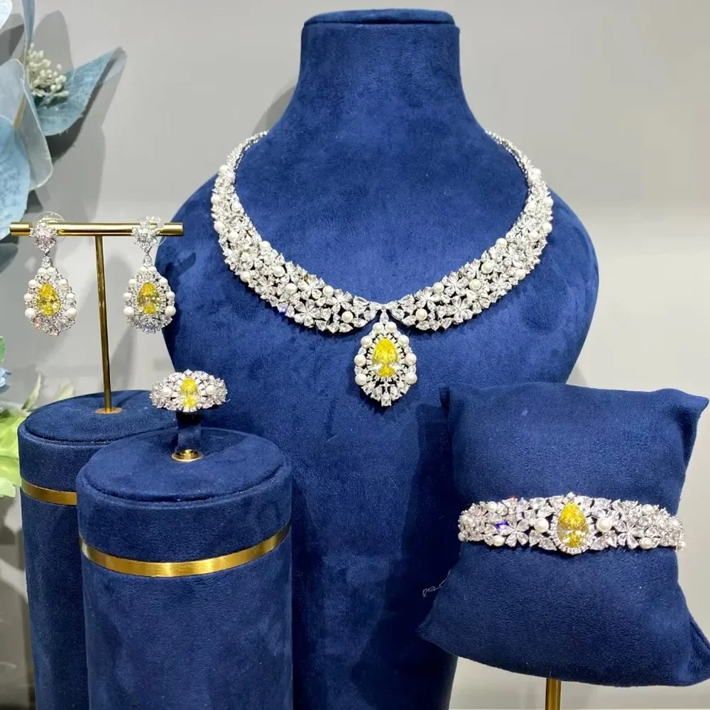 

Soramoore New Luxury Waterdrop Necklace Bangle Earrings Ring Sets For Women Bridal Wedding Engagement Jewelry Sets High Quality
