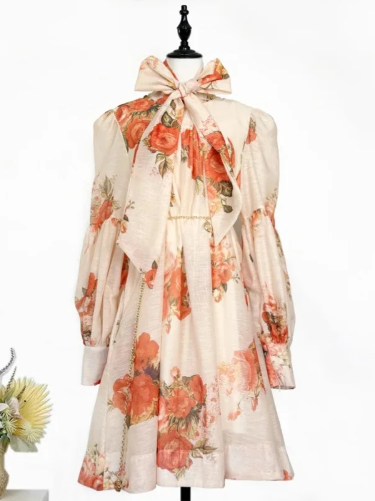 Australia Z BrandRetro Printed Stand Up Collar Bubble Sleeves Loose Umbrella Skirt Short Skirt Dress