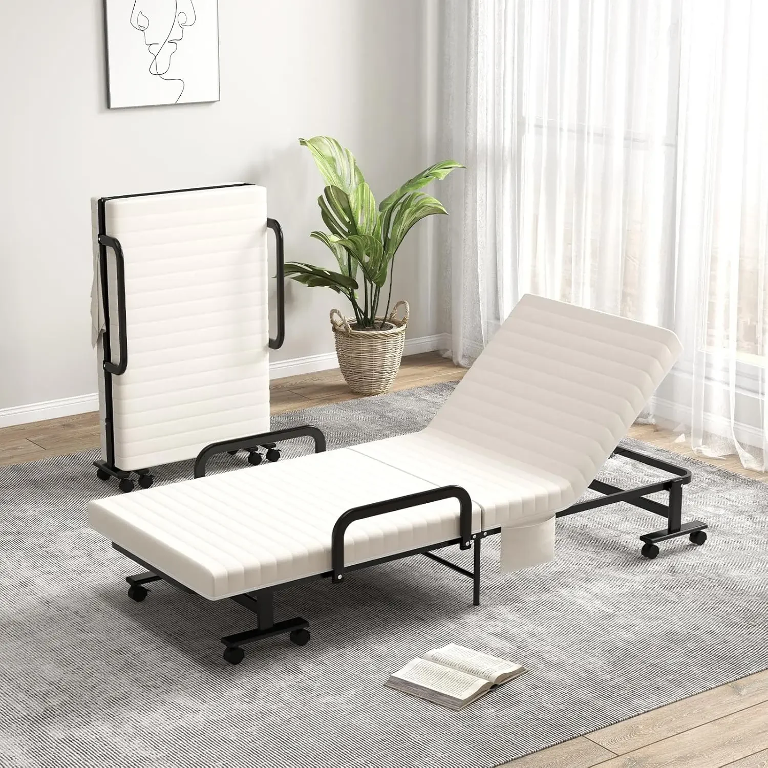 Folding Bed with Mattress, Foldable Portable Guest Bed w/Adjustable 6 Position & Side Storage Pocket, 660 LBS Fold up Bed