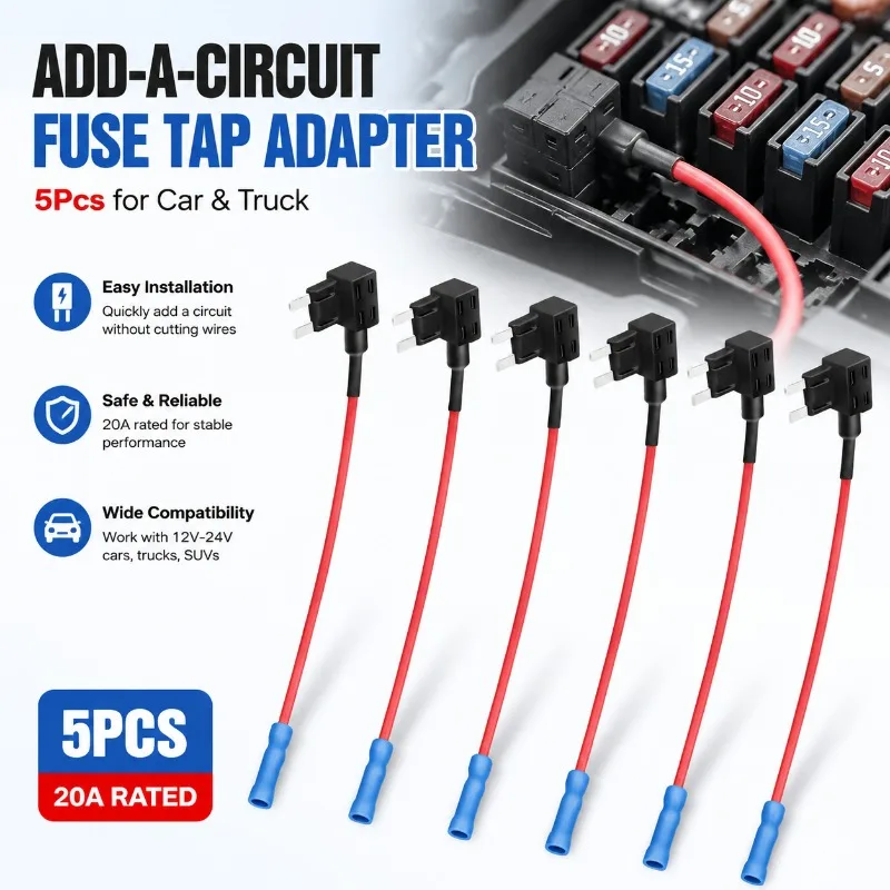 Add-a-Circuit Fuse Tap Adapter 5Pcs, Low Profile Mini Blade 12V-24V Car Fuse Holder ATM APM, 20A Rated, for Auto Accessories