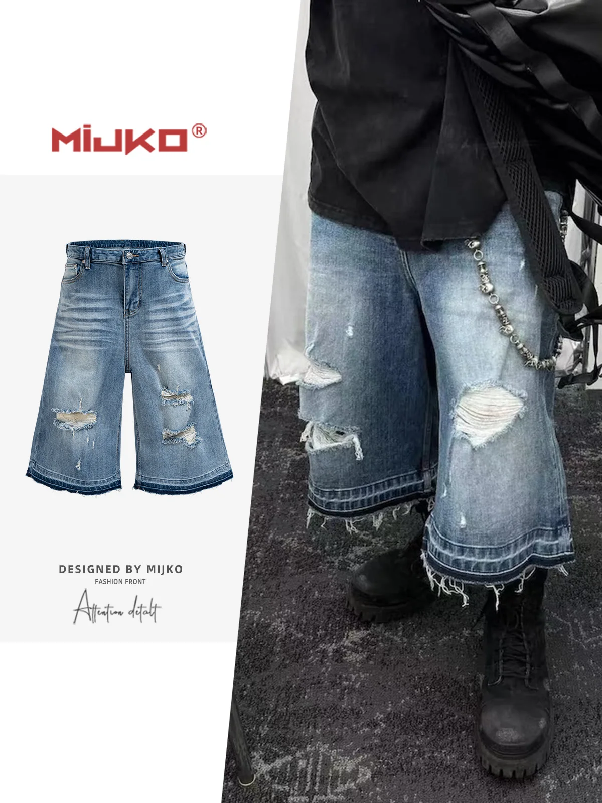 

MIJKO Washed Blue Destroyed Denim Seven-Eighths Shorts TJ177