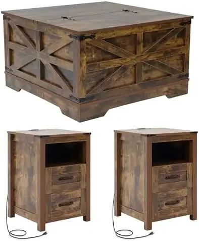 Farmhouse Coffee Table and End Table Sets of 3, 3 Piece Living Room Table Set with Charging Station, Lift Top Coffees